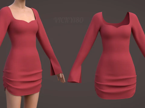 Minivestido bodycon franzido com decote em cora&ccedil;&atilde;o - vestido de dia dos namorados Modelo 3D