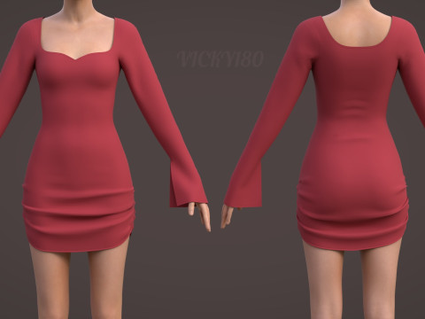 Sweetheart Neck Ruched Bodycon Mini Dress - Valentines dress 3D Model