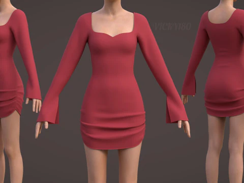 Sweetheart Neck Ruched Bodycon Mini Dress - Valentines dress 3D Model