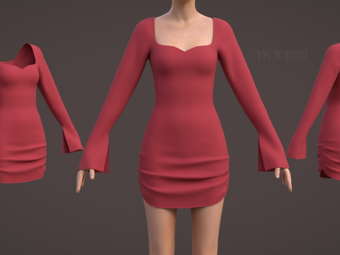 Sweetheart Neck Ruched Bodycon Mini Dress - Valentines dress 3D Model