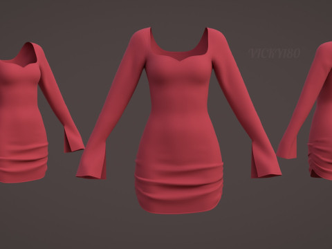 Sweetheart Neck Ruched Bodycon Mini Dress - Valentines dress 3D Model