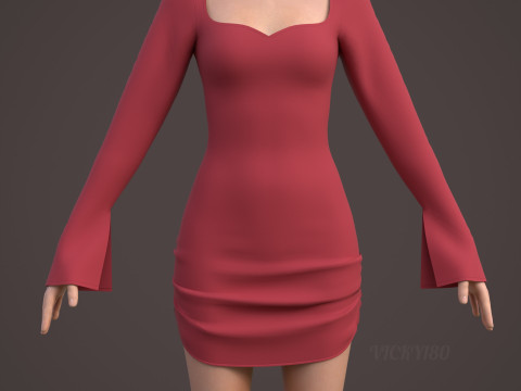 Sweetheart Neck Ruched Bodycon Mini Dress - Valentines dress 3D Model