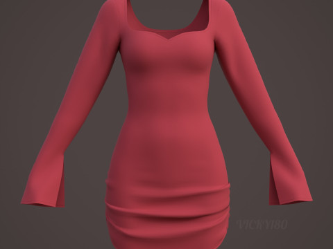 Sweetheart Neck Ruched Bodycon Mini Dress - Valentines dress 3D Model