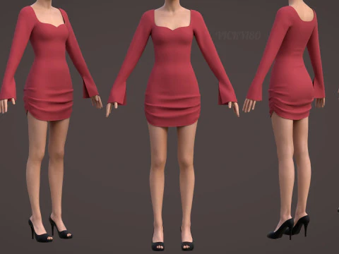 Sweetheart Neck Ruched Bodycon Mini Dress - Valentines dress 3D Model