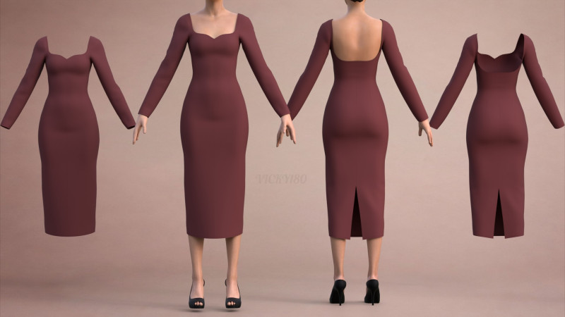 Long Sleeve Sweetheart Neck Bodycon Maxi Dress Womens 3D Clothing Model 3D Model .c4d .max .obj .3ds .fbx .stl .blend