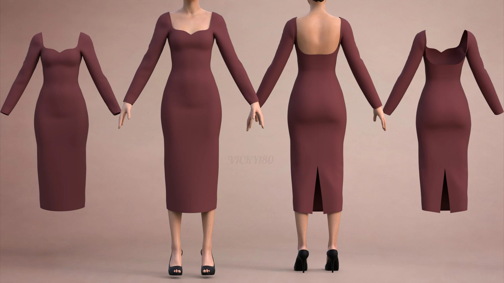 Long Sleeve Sweetheart Neck Bodycon Maxi Dress Womens 3D Clothing Model 3D Model .c4d .max .obj .3ds .fbx .stl .blend 