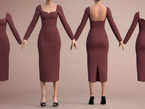 长袖甜心领修身超长连衣裙女式 3D 服装模型 3D 模型