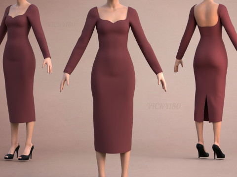 Long Sleeve Sweetheart Neck Bodycon Maxi Dress Womens 3D Clothing Model 3D Model