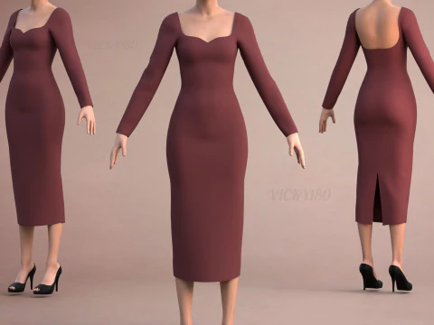 Long Sleeve Sweetheart Neck Bodycon Maxi Dress Womens 3D Clothing Model 3D Model