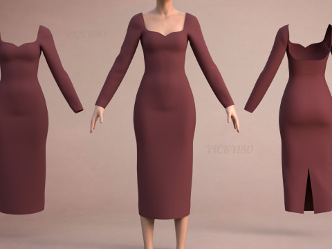Long Sleeve Sweetheart Neck Bodycon Maxi Dress Womens 3D Clothing Model 3D Model