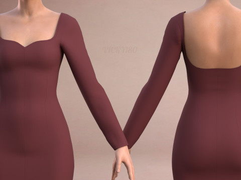 Long Sleeve Sweetheart Neck Bodycon Maxi Dress Womens 3D Clothing Model 3D Model