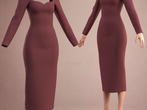 Long Sleeve Sweetheart Neck Bodycon Maxi Dress Womens 3D Clothing Model 3D Model