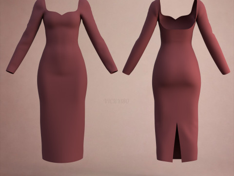 Long Sleeve Sweetheart Neck Bodycon Maxi Dress Womens 3D Clothing Model 3D Model