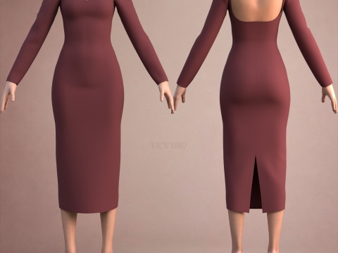 Long Sleeve Sweetheart Neck Bodycon Maxi Dress Womens 3D Clothing Model 3D Model