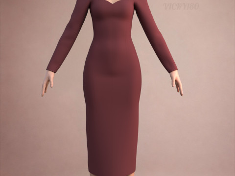 Long Sleeve Sweetheart Neck Bodycon Maxi Dress Womens 3D Clothing Model 3D Model