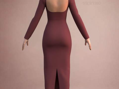 Long Sleeve Sweetheart Neck Bodycon Maxi Dress Womens 3D Clothing Model 3D Model