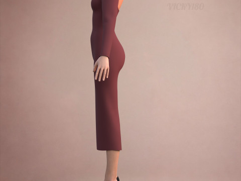 Long Sleeve Sweetheart Neck Bodycon Maxi Dress Womens 3D Clothing Model 3D Model