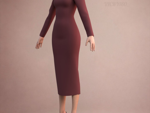 Long Sleeve Sweetheart Neck Bodycon Maxi Dress Womens 3D Clothing Model 3D Model