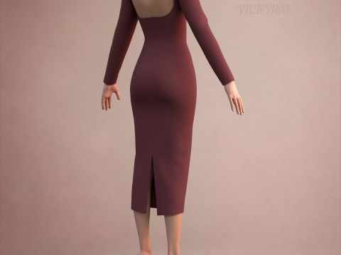 Long Sleeve Sweetheart Neck Bodycon Maxi Dress Womens 3D Clothing Model 3D Model