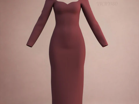 Long Sleeve Sweetheart Neck Bodycon Maxi Dress Womens 3D Clothing Model 3D Model