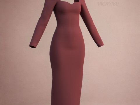Long Sleeve Sweetheart Neck Bodycon Maxi Dress Womens 3D Clothing Model 3D Model