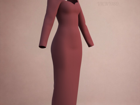 Long Sleeve Sweetheart Neck Bodycon Maxi Dress Womens 3D Clothing Model 3D Model