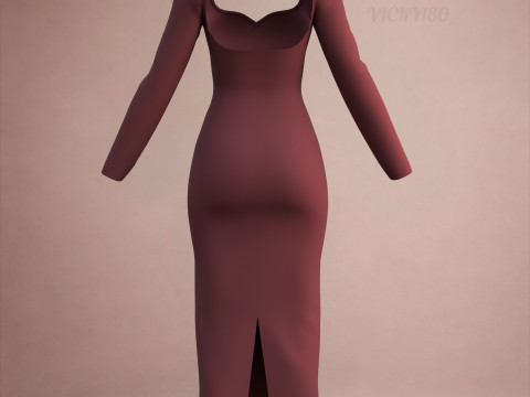 Long Sleeve Sweetheart Neck Bodycon Maxi Dress Womens 3D Clothing Model 3D Model