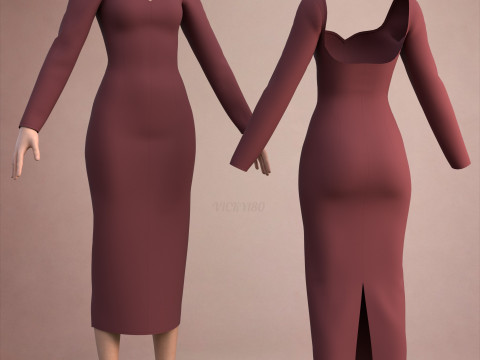 Long Sleeve Sweetheart Neck Bodycon Maxi Dress Womens 3D Clothing Model 3D Model