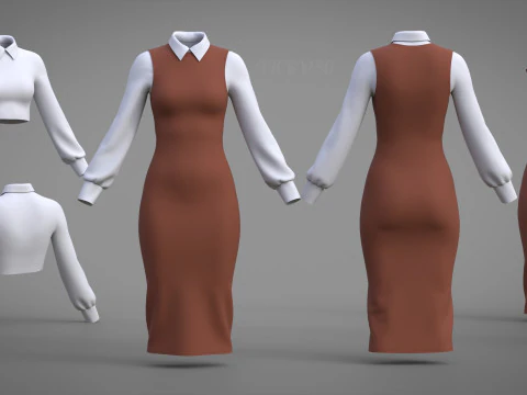 Pinafore 드레스와 셔츠 기업 복장 - 투피스 여성 의류 세트 3D 모델