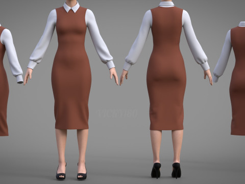Pinafore Dress and Shirt Corporate Outfit - Two Piece Womens Clothing Set 3D Model