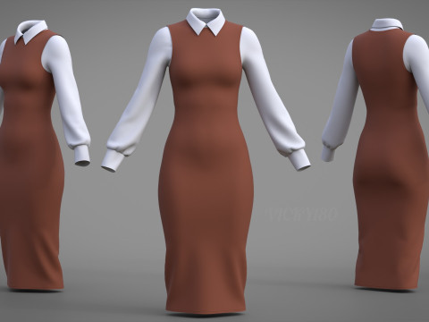 Pinafore Dress and Shirt Corporate Outfit - Two Piece Womens Clothing Set 3D Model