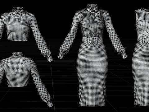 Pinafore Dress and Shirt Corporate Outfit - Two Piece Womens Clothing Set 3D Model