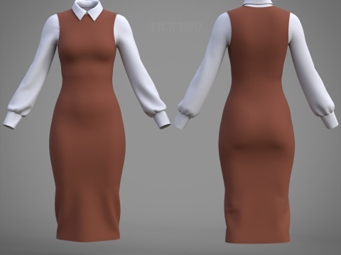 Pinafore Dress and Shirt Corporate Outfit - Two Piece Womens Clothing Set 3D Model