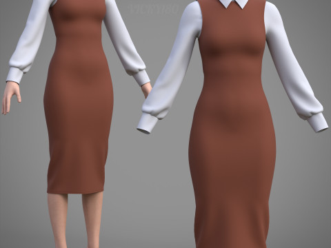 Pinafore Dress and Shirt Corporate Outfit - Two Piece Womens Clothing Set 3D Model