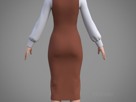 Pinafore Dress and Shirt Corporate Outfit - Two Piece Womens Clothing Set 3D Model