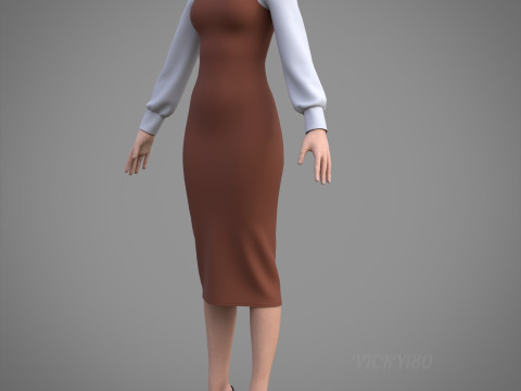 Pinafore Dress and Shirt Corporate Outfit - Two Piece Womens Clothing Set 3D Model