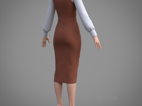 Pinafore Dress and Shirt Corporate Outfit - Two Piece Womens Clothing Set 3D Model