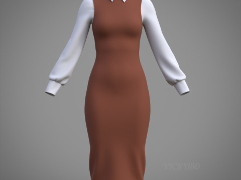 Pinafore Dress and Shirt Corporate Outfit - Two Piece Womens Clothing Set 3D Model