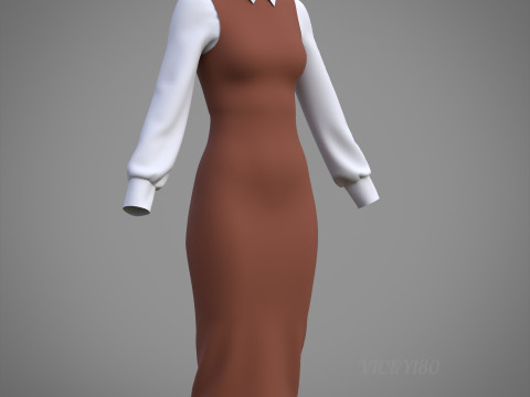 Pinafore Dress and Shirt Corporate Outfit - Two Piece Womens Clothing Set 3D Model