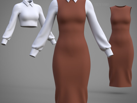 Pinafore Dress and Shirt Corporate Outfit - Two Piece Womens Clothing Set 3D Model