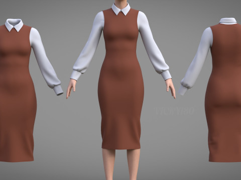 Pinafore Dress and Shirt Corporate Outfit - Two Piece Womens Clothing Set 3D Model