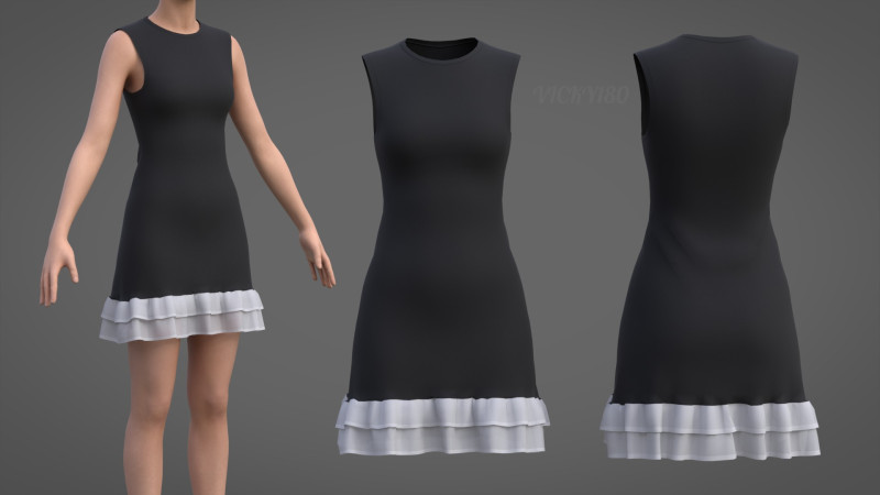 Low Poly Sleeveless Sheath Dress with Sheer Ruffle Hem Game Ready Clothing Model 3D Model .c4d .max .obj .3ds .fbx .stl .blend