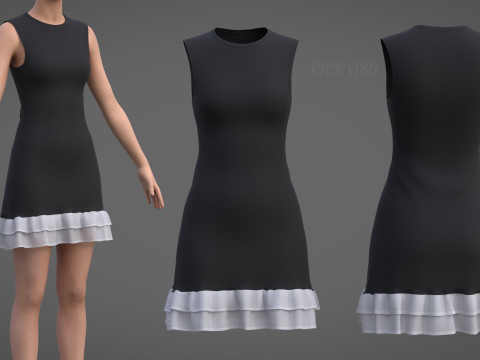 Low Poly Sleeveless Sheath Dress with Sheer Ruffle Hem Game Ready Clothing Model 3D Model