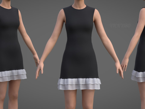Low Poly Sleeveless Sheath Dress with Sheer Ruffle Hem Game Ready Clothing Model 3D Model
