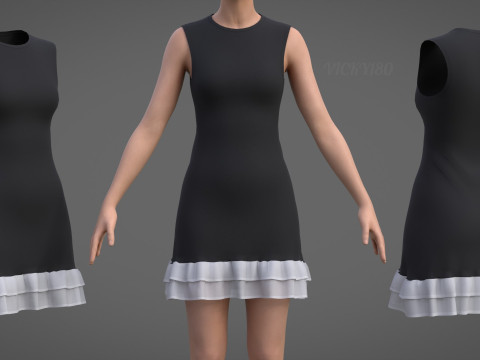 Low Poly Sleeveless Sheath Dress with Sheer Ruffle Hem Game Ready Clothing Model 3D Model