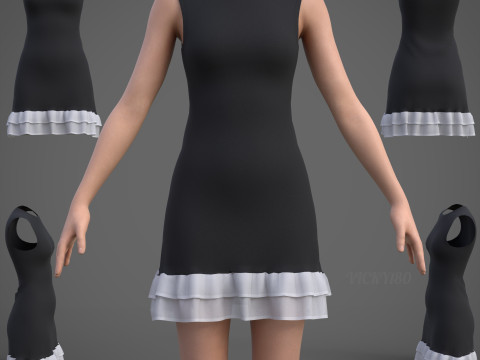 Low Poly Sleeveless Sheath Dress with Sheer Ruffle Hem Game Ready Clothing Model 3D Model