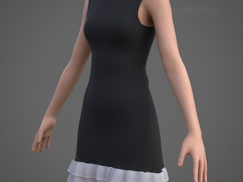 Low Poly Sleeveless Sheath Dress with Sheer Ruffle Hem Game Ready Clothing Model 3D Model