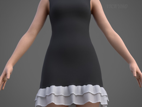 Low Poly Sleeveless Sheath Dress with Sheer Ruffle Hem Game Ready Clothing Model 3D Model