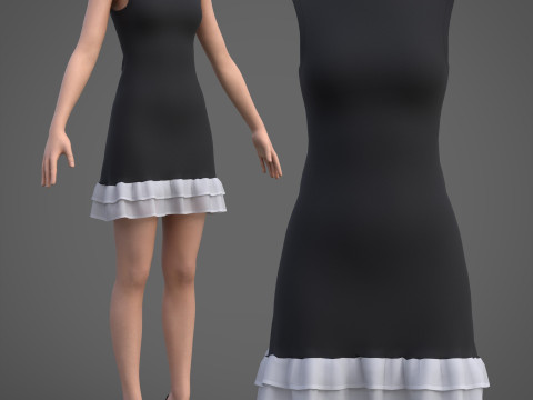 Low Poly Sleeveless Sheath Dress with Sheer Ruffle Hem Game Ready Clothing Model 3D Model