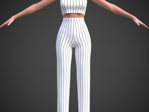 Two-Piece Stripes Outfit Cami Crop Top and Pants Female Clothing 3D Model